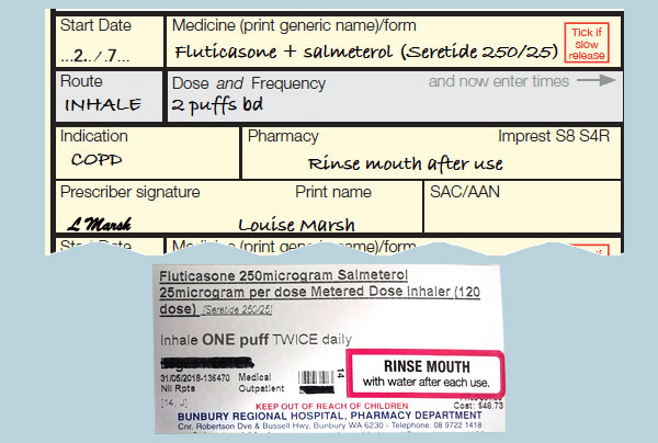 Order showing 2 puffs bd and label showing one puff twice daily