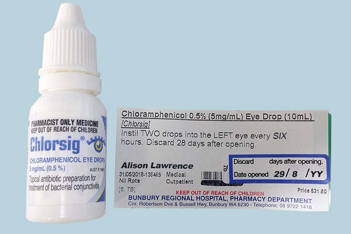 Chlorsig label showing Alison Lawrence. 'Instil two drops into the left eye every six hours. Date opened 28/8/YY. Discard 28 days after opening.'