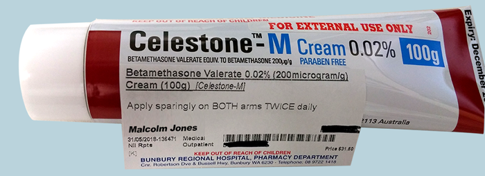 Celestone-M cream label showing Malcolm Jones. 'Apply sparingly on BOTH arms twice daily.'