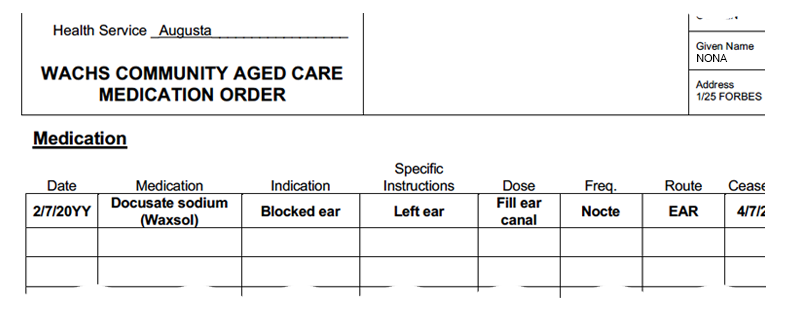 Medication order showing Waxsol, left ear, Nocte.