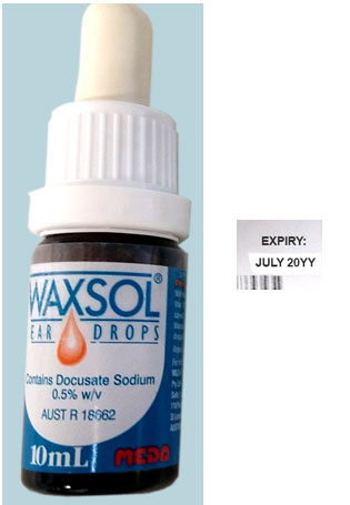 Waxsol drops showing expiry July 20YY.