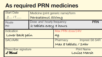 As required PRN medicines Paracetamol 500mg. 2 tablets every 4 hours.