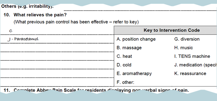 Form showing C - Heat and J - Paracetamol